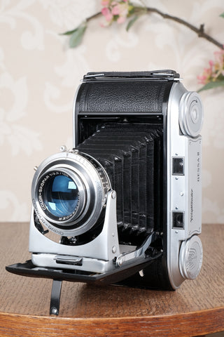 Near Mint! 1950 Voigtlander 6x9 Bessa II with Color-Skopar lens and original leather case. Freshly serviced, CLA'd