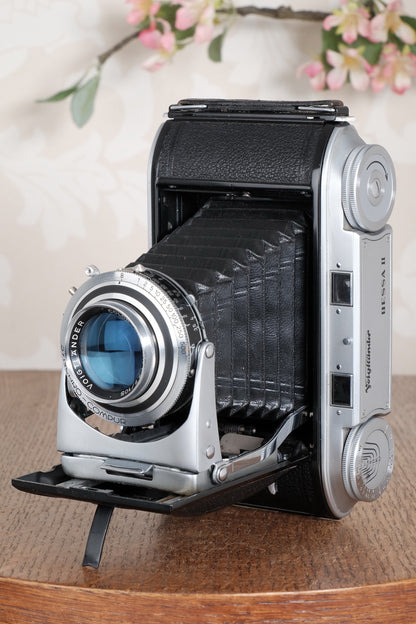 Near Mint! 1952 Voigtlander 6x9 Bessa II with Color-Skopar lens & original leather case. Freshly Serviced, CLA'd.