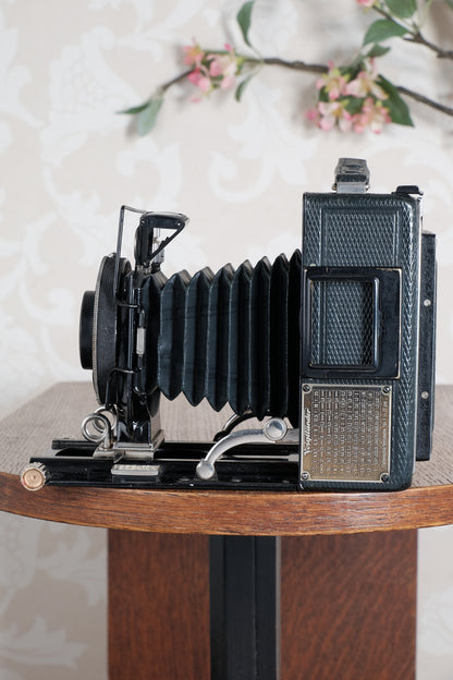 Rare Green Voigtlander 1934 Bergheil (DeLuxe) Camera with 120mm Heliar lens & leather case! Freshly serviced, CLA'd!