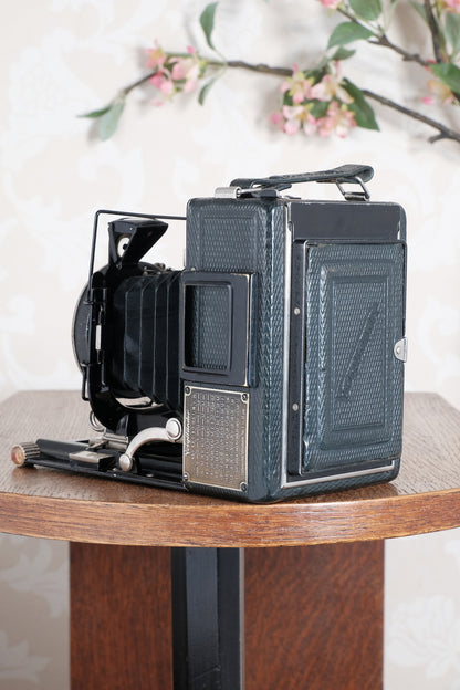 Rare Green Voigtlander 1934 Bergheil (DeLuxe) Camera with 120mm Heliar lens & leather case! Freshly serviced, CLA'd!