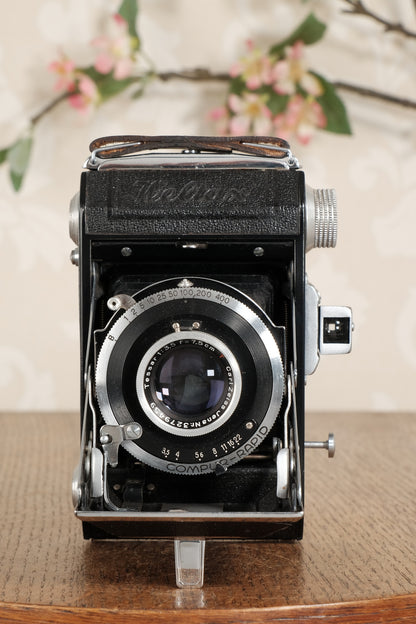 Near Mint! 1949 Welta Weltax 6x6 camera with “T” Coated Carl Zeiss Tessar lens and brown leather case. CLAd, Freshly Serviced!