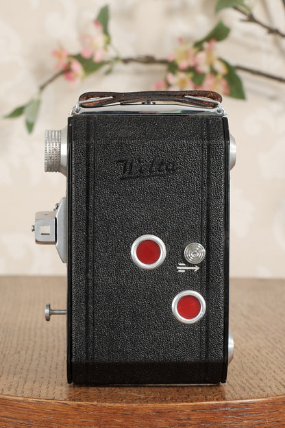Near Mint! 1949 Welta Weltax 6x6 camera with “T” Coated Carl Zeiss Tessar lens and brown leather case. CLAd, Freshly Serviced!