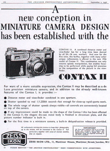 Contax ad: New conception in miniature camera design.... - Zeiss-Ikon- Petrakla Classic Cameras