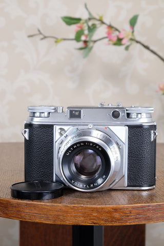 Near mint!  VOIGTLANDER PROMINENT, 35mm Rangefinder Camera with f2.0/50mm Ultron lens. Freshly  Serviced, CLAd!