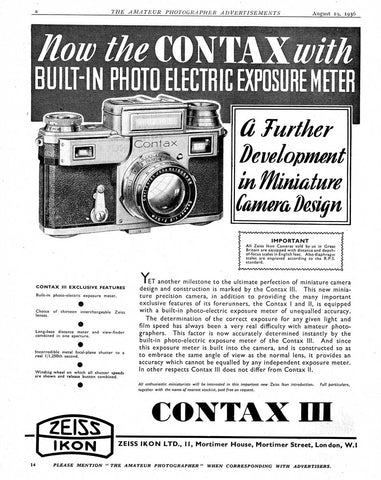 Contax ad: Now the Contax with.... - Zeiss-Ikon- Petrakla Classic Cameras