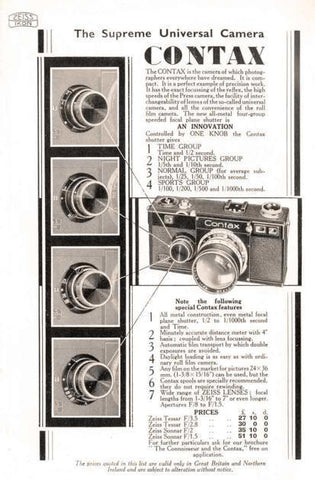 Contax ad: The Supreme Universal Camera - Zeiss-Ikon- Petrakla Classic Cameras