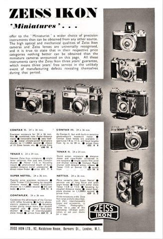 Contax ad: Zeiss-Ikon Miniatures - Zeiss-Ikon- Petrakla Classic Cameras